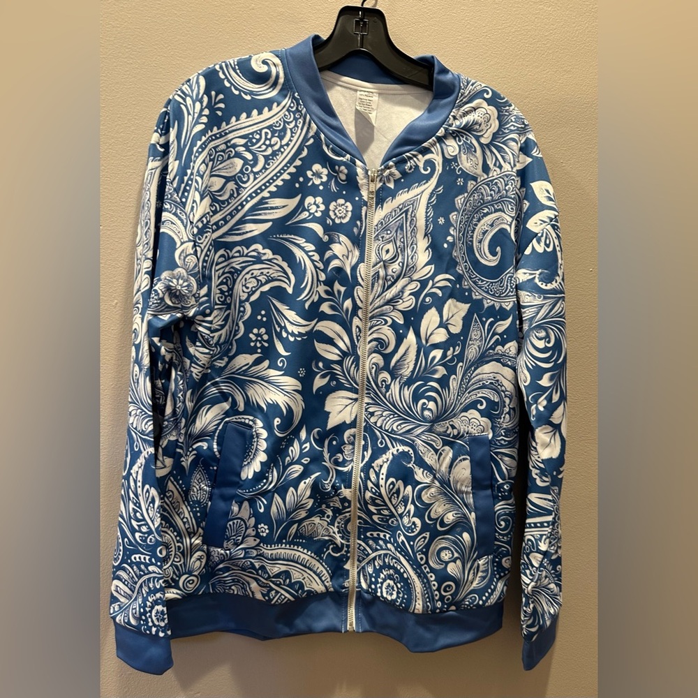 Fayah Athletics Blue Floral Bomber Jacket Size Medium